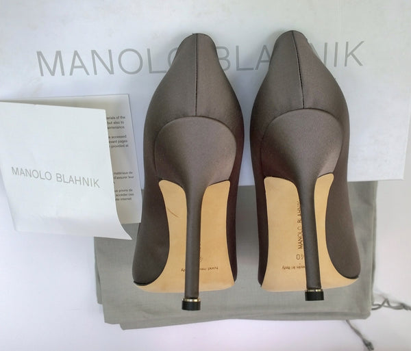 Manolo Blahnik Hangisi 105 Dark Grey Satin Rhinestone Buckle Heels New in Box