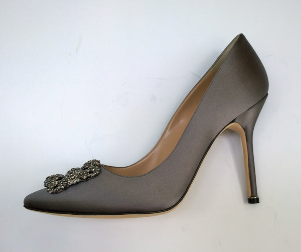 Manolo Blahnik Hangisi 105 Dark Grey Satin Rhinestone Buckle Heels New in Box