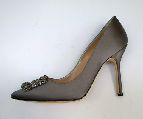 Manolo Blahnik Hangisi 105 Dark Grey Satin Rhinestone Buckle Heels New in Box