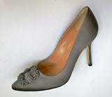 Manolo Blahnik Hangisi 105 Dark Grey Satin Rhinestone Buckle Heels New in Box