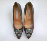 Manolo Blahnik Hangisi 105 Dark Grey Satin Rhinestone Buckle Heels New in Box