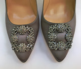 Manolo Blahnik Hangisi 105 Dark Grey Satin Rhinestone Buckle Heels New in Box