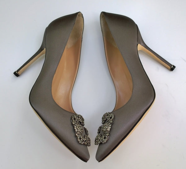 Manolo Blahnik Hangisi 105 Dark Grey Satin Rhinestone Buckle Heels New in Box