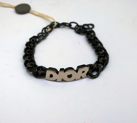 Dior Italic Ruthenium and Silver-Finished Brass Metal Chain Bracelet with Dior Nameplate Logo New
