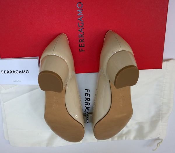 Ferragamo Vara Patent Bone Calf Leather Bow Heels New in Box Shoes