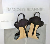 Manolo Blahnik Mingonna 90 Black Suede and Checkered Mesh Ankle Strap Heels New in Box