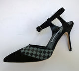 Manolo Blahnik Mingonna 90 Black Suede and Checkered Mesh Ankle Strap Heels New in Box