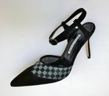 Manolo Blahnik Mingonna 90 Black Suede and Checkered Mesh Ankle Strap Heels New in Box