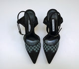 Manolo Blahnik Mingonna 90 Black Suede and Checkered Mesh Ankle Strap Heels New in Box