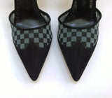 Manolo Blahnik Mingonna 90 Black Suede and Checkered Mesh Ankle Strap Heels New in Box