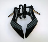 Manolo Blahnik Mingonna 90 Black Suede and Checkered Mesh Ankle Strap Heels New in Box