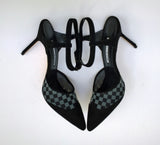 Manolo Blahnik Mingonna 90 Black Suede and Checkered Mesh Ankle Strap Heels New in Box