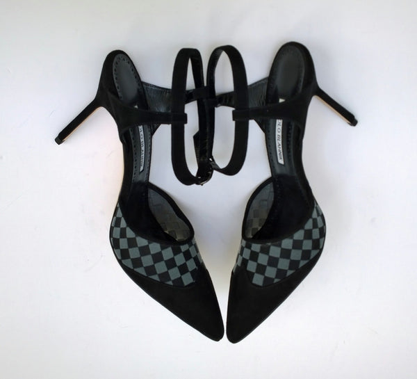 Manolo Blahnik Mingonna 90 Black Suede and Checkered Mesh Ankle Strap Heels New in Box