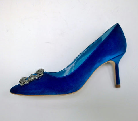 Manolo Blahnik Hangisi Bright Blue Velvet 70 Rhinestone Buckle Heels New in Box
