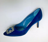 Manolo Blahnik Hangisi Bright Blue Velvet 70 Rhinestone Buckle Heels New in Box