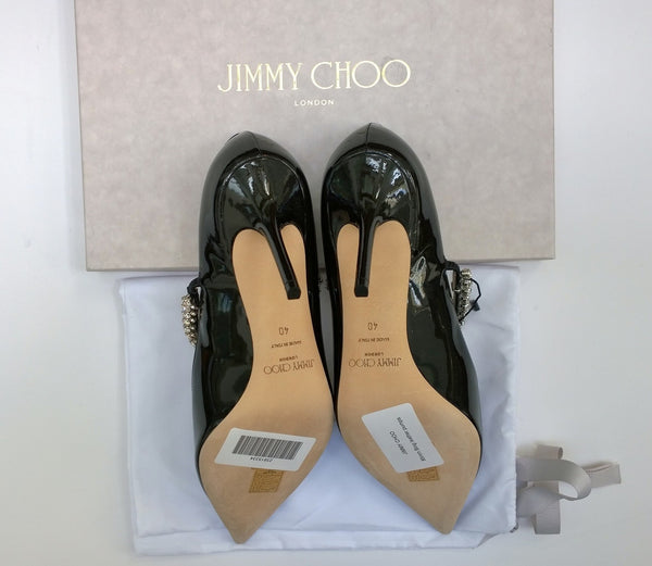 Jimmy Choo Bing Black Patent 85 Rhinestone Mary Jane Heels New in Box