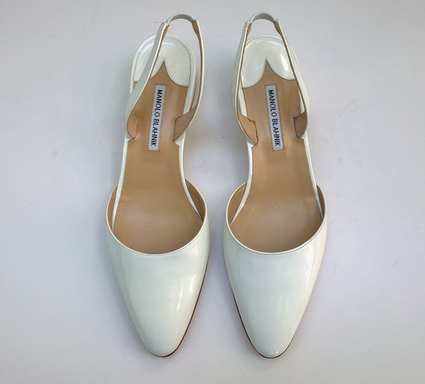 Manolo Blahnik Aspro White Patent Slingback Block Heels New in Box