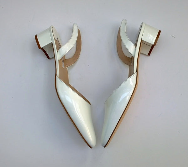 Manolo Blahnik Aspro White Patent Slingback Block Heels New in Box