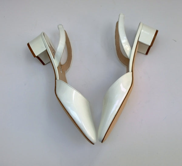 Manolo Blahnik Aspro White Patent Slingback Block Heels New in Box