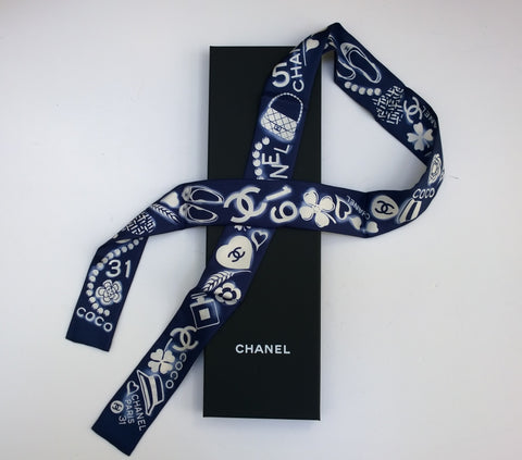 Chanel Blue Silk Twilly Scarf Slim Bandeau New in Box
