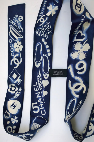 Chanel Blue Silk Twilly Scarf Slim Bandeau New in Box
