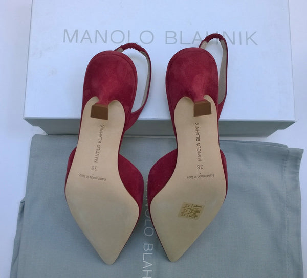 Manolo Blahnik Carolyne Dark Red Suede 50 Slingback Heels New in Box