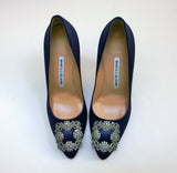 Manolo Blahnik Hangisi 105 Navy Blue Satin High Heels New in Box Buckle Shoes