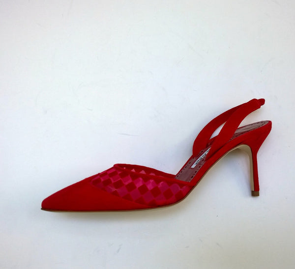 Manolo Blahnik Mingosli Red Slingback Heels Mesh Suede New in Box Shoes