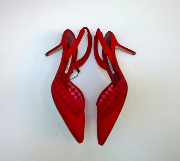 Manolo Blahnik Mingosli Red Slingback Heels Mesh Suede New in Box Shoes