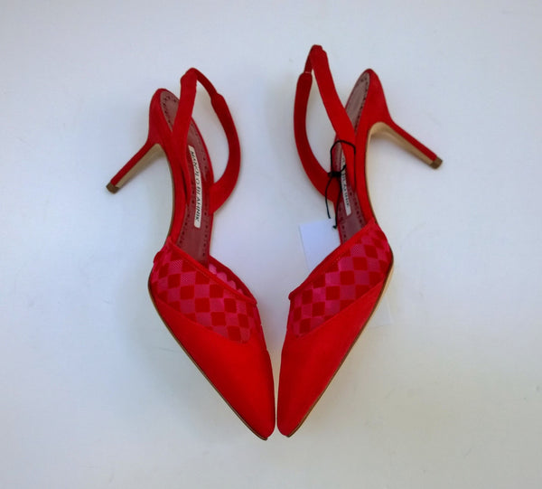 Manolo Blahnik Mingosli Red Slingback Heels Mesh Suede New in Box Shoes