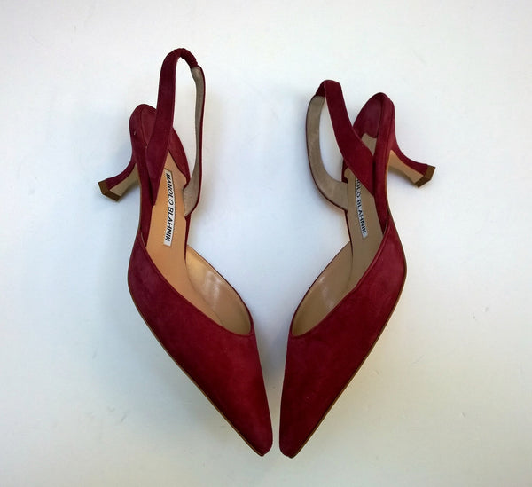 Manolo Blahnik Carolyne Dark Red Suede 50 Slingback Heels New in Box