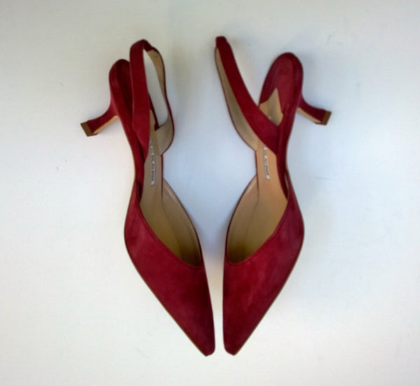 Manolo Blahnik Carolyne Dark Red Suede 50 Slingback Heels New in Box