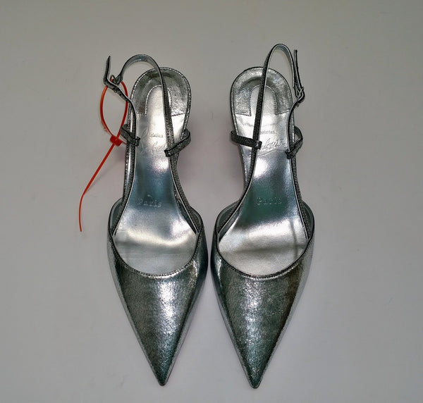 Christian Louboutin Condoroline Silver Crackled Leather Slingback Heels New in Box