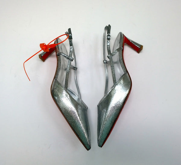 Christian Louboutin Condoroline Silver Crackled Leather Slingback Heels New in Box