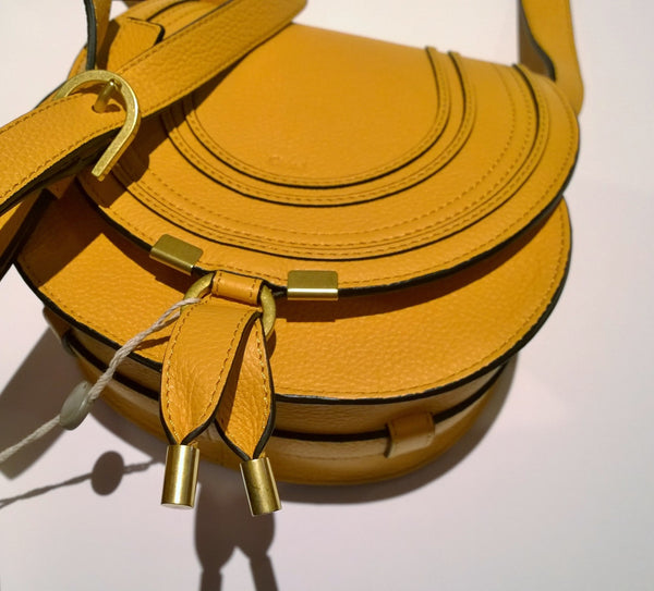 Chloé Marcie Small Crossbody Bag in Ochre Yellow Pebbled Leather New