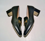 Gucci Malaga Black Leather Loafers with Gold and Silver GG Logo Buckle Heels