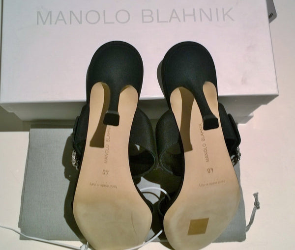Manolo Blahnik Gable 90 Black Crepe Rhinestone Buckle Sandals Slides