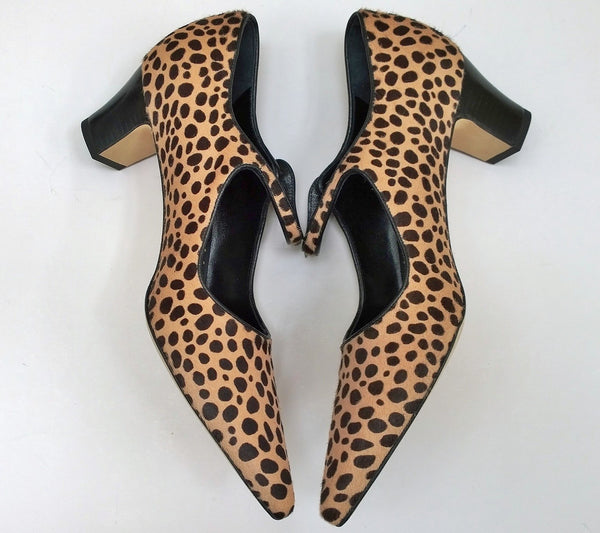 Manolo Blahnik Crezia Calf Hair Leopard Mary Jane Block Heels Campari