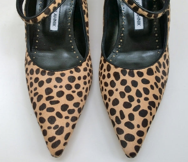 Manolo Blahnik Crezia Calf Hair Leopard Mary Jane Block Heels Campari