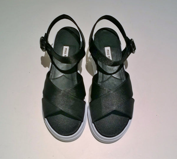Miu Miu Black Satin Rhinestone Platform Sandals