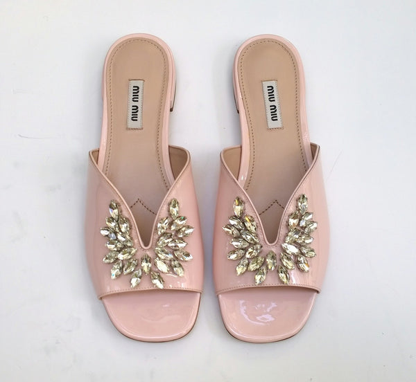 Miu Miu Pink Patent Sandals Leaf Crystals Flat Slides