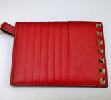 Valentino Rockstud Card Wallet Zipper Card Case Red Leather