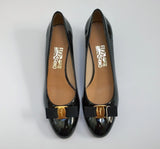 Ferragamo Vara Black Patent Block Heels Bow Shoes in C Width New in Box