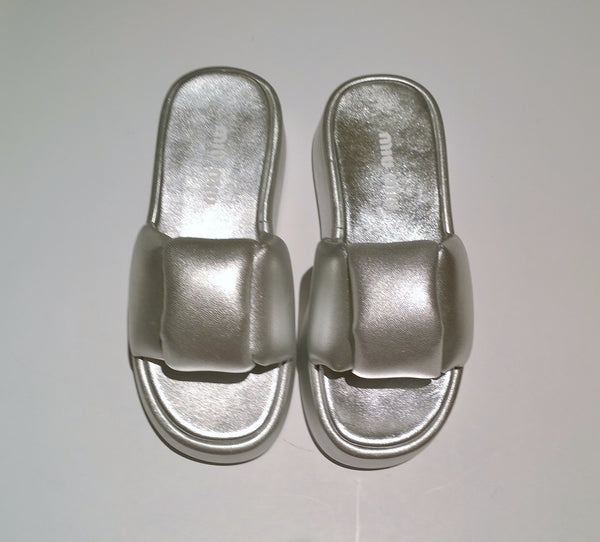 Miu Miu Puffy Sandals Platform Slides in Silver Leather