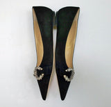 Jimmy Choo Saresa Black Suede Rhinestone Buckle Flats Shoes