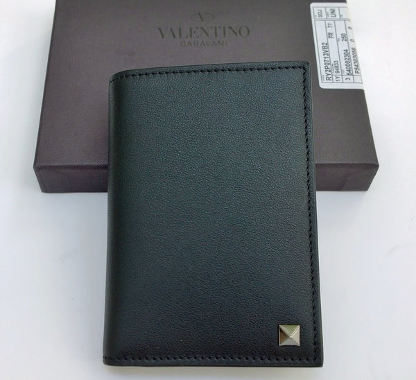 Valentino Garavani Rockstud Men's Wallet in Black and Green Leather Card Wallet Case