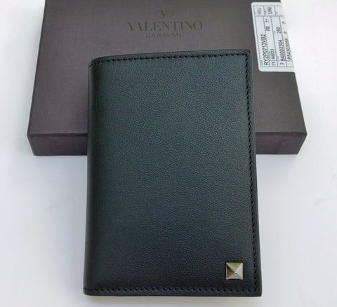 Valentino Garavani Rockstud Men's Wallet in Black and Green Leather Card Wallet Case