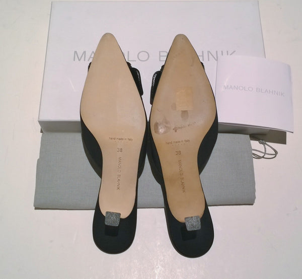 Manolo Blahnik Maysale Black Crepe de Chine Mops Mother of Pearl Buckle Mules Heels