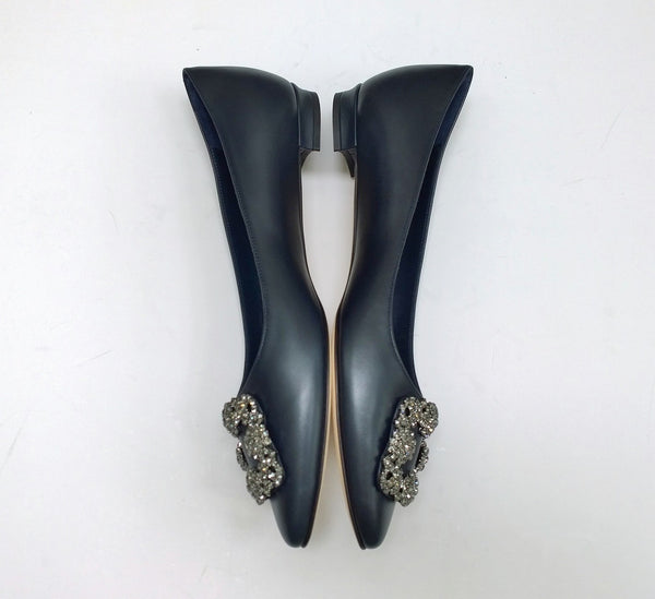 Manolo Blahnik Hangisi Navy Leather Rhinestone Buckle Flats Shoes