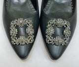 Manolo Blahnik Hangisi Black Leather Flats with Silver Rhinestone Buckle Shoes
